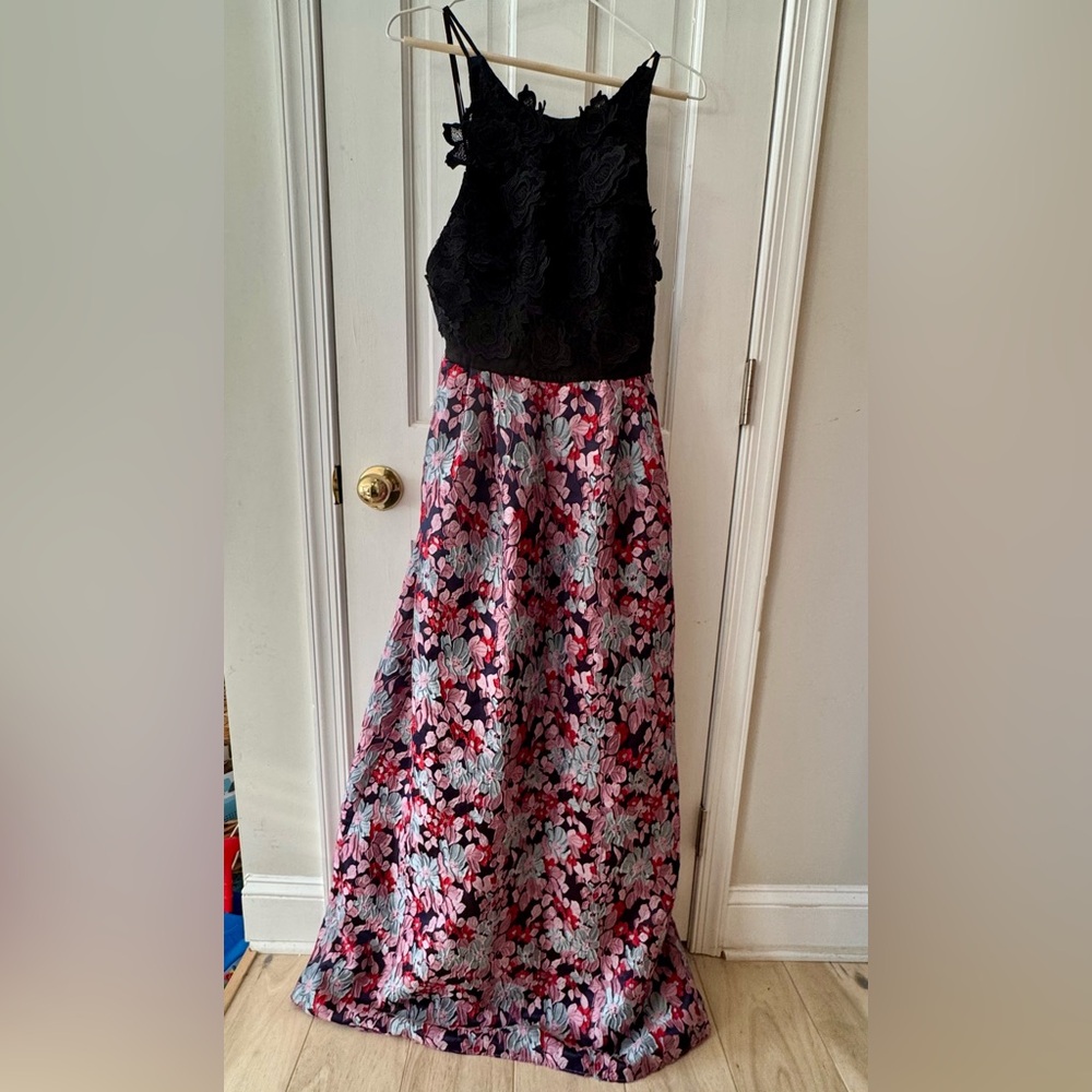 Monique Lhuillier Black Lace Bodice with Pink and Light Blue Floral Skirt